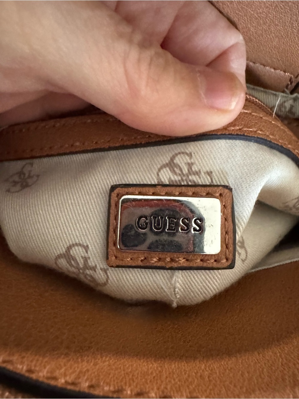 GUESS Brown/Tan Crossbody Satchel with Logo Charm - Picture 9 of 12
